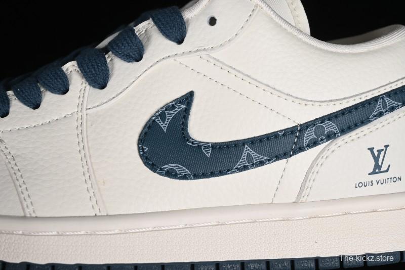 Nike Air Jordan 1 Low LV Collaboration - White with Blue Swoosh Custom Casual Sneakers - WG8850-005
