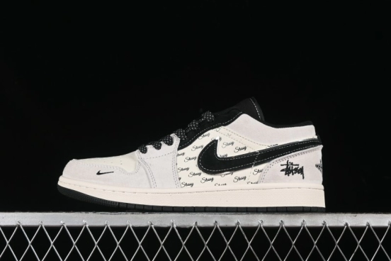 Nike Air Jordan 1 Low Stussy Collaboration - Silver Trim Black Swoosh Retro Basketball Shoes - SJ9950-026