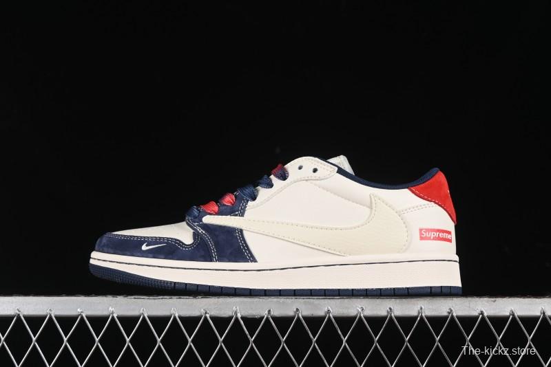 Nike Travis Scott x Fragment Design x Air Jordan 1 Low OG SP AJ1 Supreme Collaboration - Deep Blue Red Culture Casual Sneakers - XY2688-122
