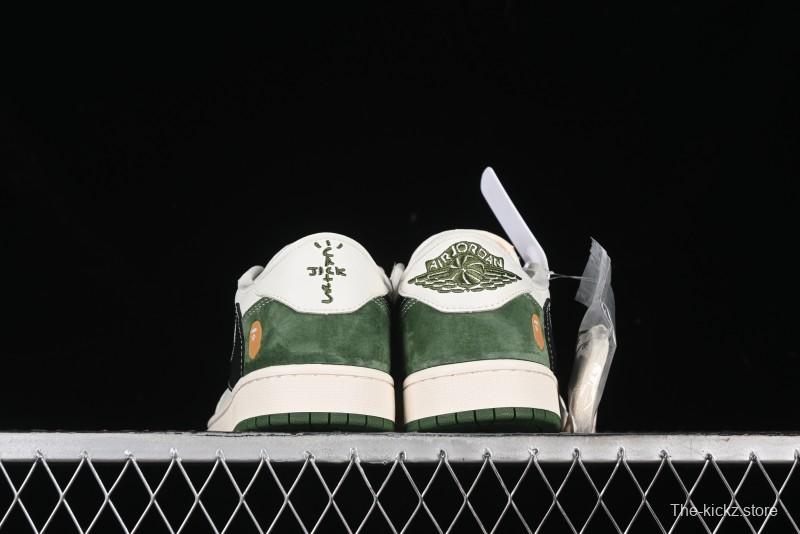 Nike Travis Scott x Fragment Design x Air Jordan 1 Low OG SP AJ1 Bape Collaboration - Jungle Green Low Top Casual Sneakers - XY2688-107