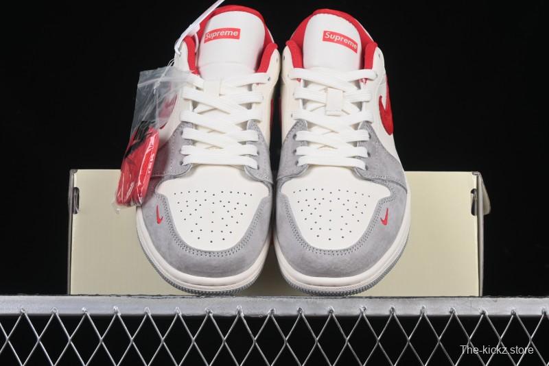 Nike Air Jordan 1 Low AJ1 Supreme Collaboration - White Grey Red Swoosh Retro Basketball Shoes - SJ9950-024