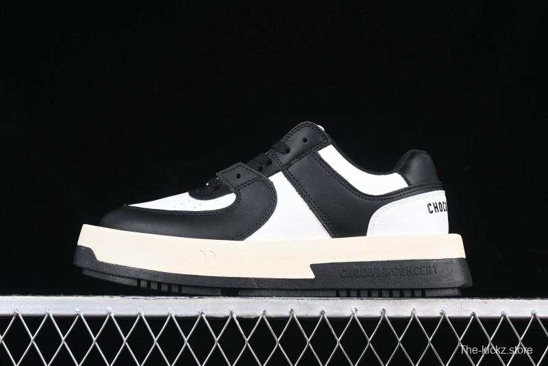 Choco Concert Leather Round Square Asymmetric Fashion Sneakers Black White - AJE5