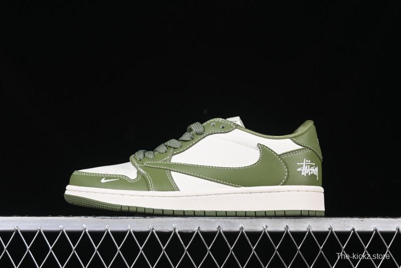Nike Travis Scott x Fragment Design x Air Jordan 1 Low OG SP AJ1 Stussy Collaboration Bamboo Green Low-Top Casual Sneakers - BB1199-201