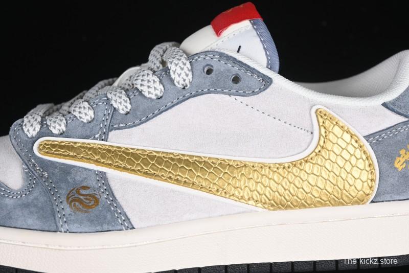 Nike Travis Scott x Fragment Design x Air Jordan 1 Low OG SP AJ1 Snake Year Limited Gold Snake Low-top Casual Sneakers - XZ2025-288