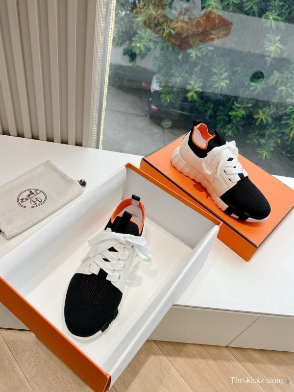 2024 Unisex Hermès Black White Orange Calfskin Suede Knitted Sneakers MJ00290