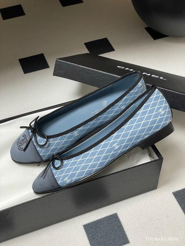 2025 Women Chanel Blue Denim Ballet Flats KFY00300