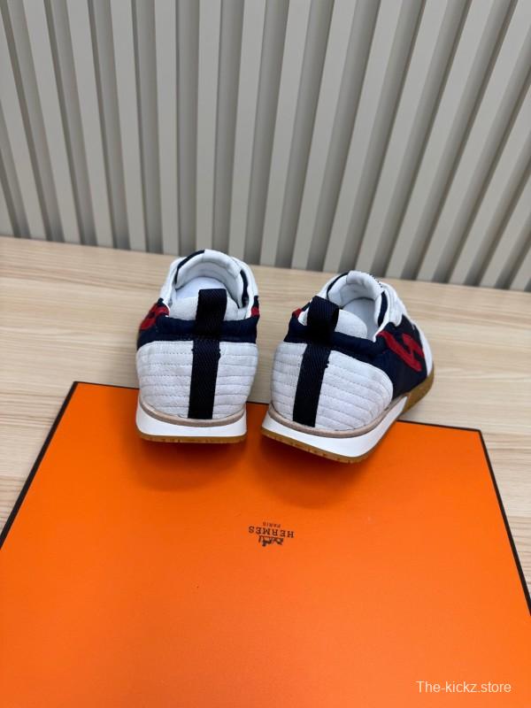 2025 Unisex Hermès White Navy Red Suede Down Fabric Sneakers KFY00300