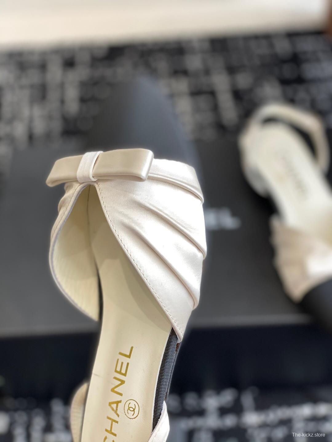 2025 Women Chanel Black Beige Silk Leather Sandals Bow KFY00289