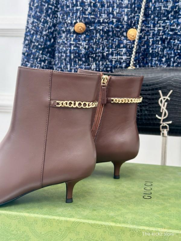 2024 Women Gucci Brown Calfskin Ankle Boots Chain Detail MJ00410