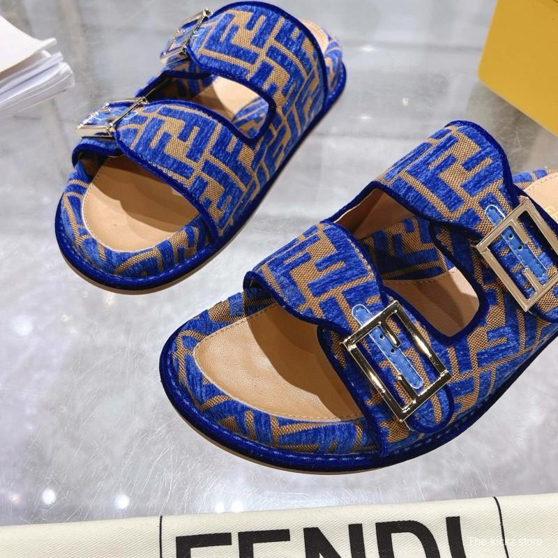 2025 Fendi Blue Fabric Leather Slippers MJ00230
