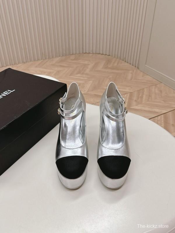 2025 Women Chanel Silver Black Leather Mary Jane Platform Heels