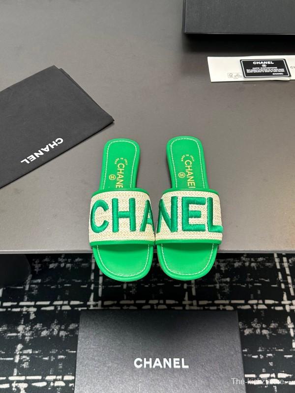 2025 Women Chanel Green Canvas Slippers
