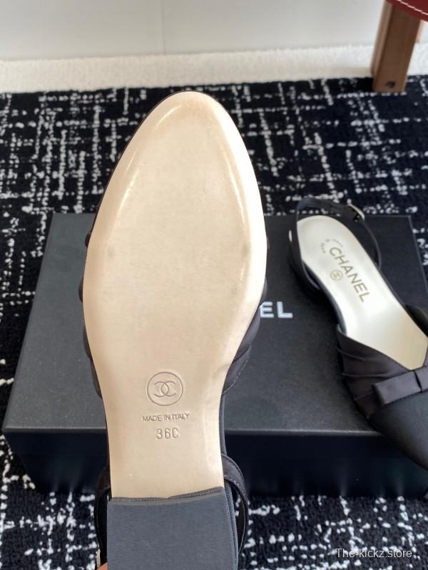 2025 Women Chanel Black Satin Silk Leather Sandals Bow KFY00289