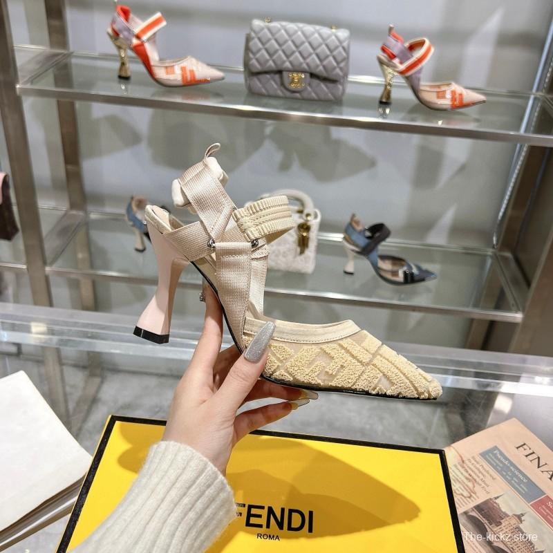 2024 Women Fendi Beige Knitted Leather High Heels