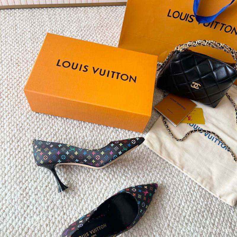 2025 Women Louis Vuitton Multicolor Canvas Leather Pumps