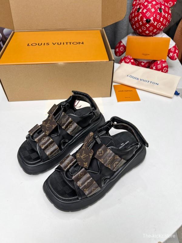 2025 Women Louis Vuitton Black Brown Canvas Leather Sandals LY00310
