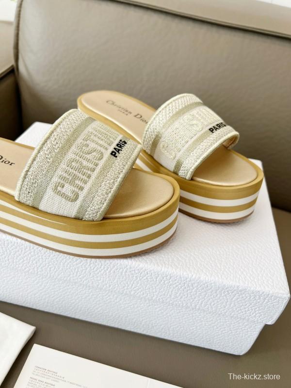 2025 Women Dior White Beige Canvas Platform Slippers
