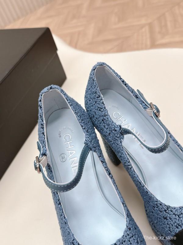 2025 Women Chanel Blue Black Tweed Leather Platform Pumps KFY00330