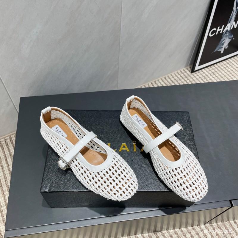 2025 Women Alaïa White Woven Leather Flat Mary Jane Shoes LY00360(F)