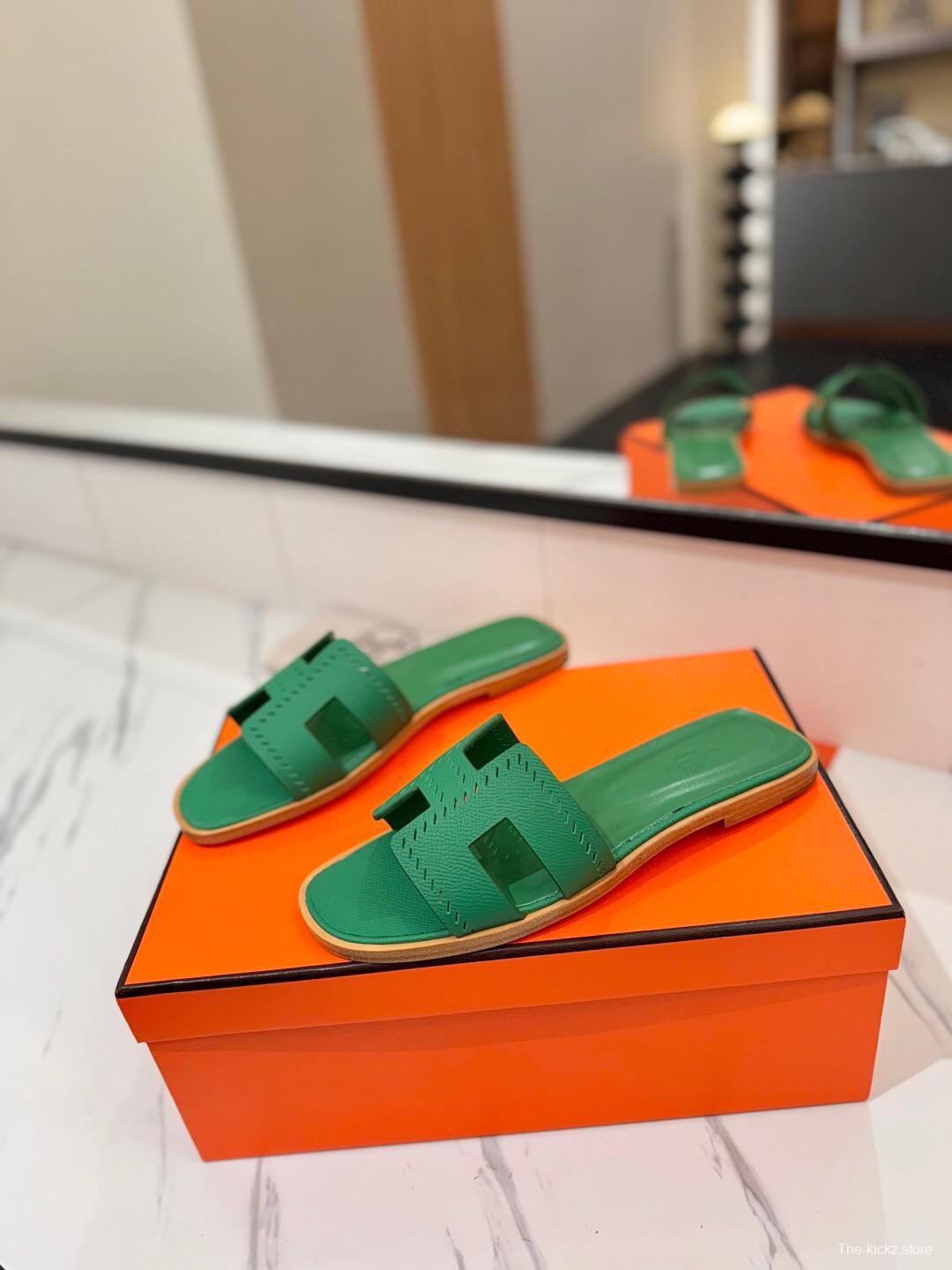 2025 Women Hermès Green Leather Slippers