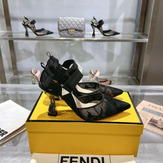 2025 Women Fendi Black Mesh Leather Heels MJ00280