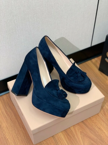 2025 Women Gianvito Rossi Navy Suede Platform Loafers KFY00330