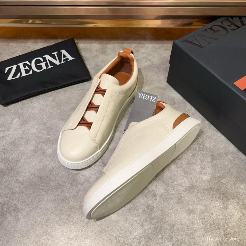 2024 Men Ermenegildo Zegna White Brown Calf Leather Pelletessuta Sneakers Elastic Detail MJ00280