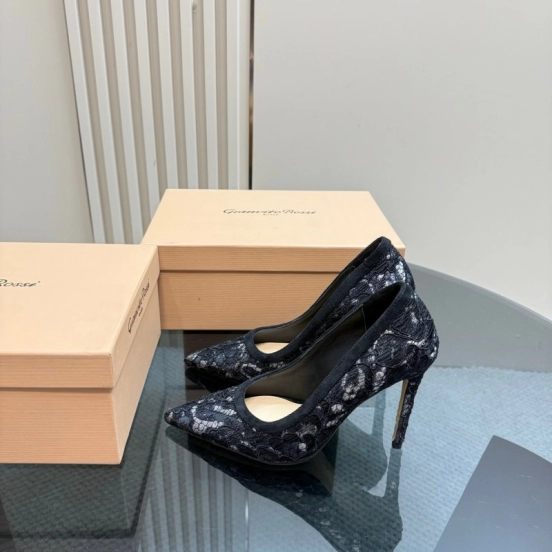 2025 Women Gianvito Rossi Black Lace Leather High Heel KFY00280