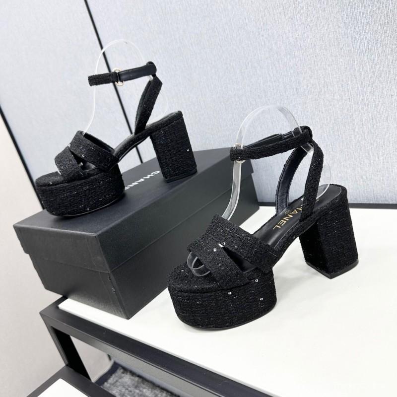 2025 Women Chanel Black Fabric Platform Sandals KFY00310