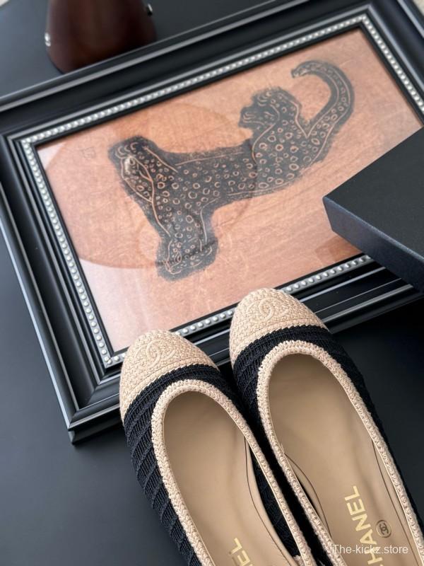 2025 Women Chanel Black Beige Knit Ballet Flats