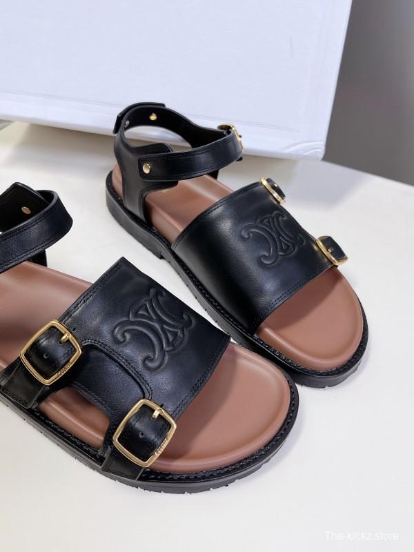 2025 Women Celine Black Leather Sandals Buckle KFY00280