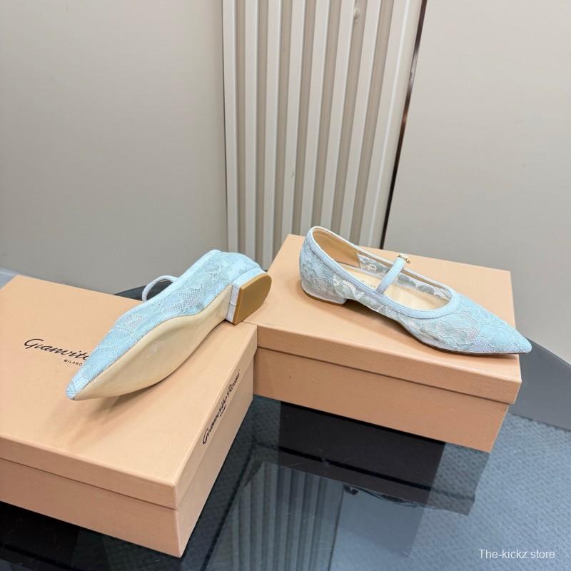 2025 Women Gianvito Rossi Light Blue Lace Leather Mary Jane KFY00260