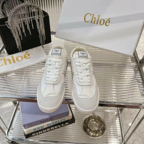 2025 Women Chloé White Suede Mesh Casual Sneakers LY00280 LY00300