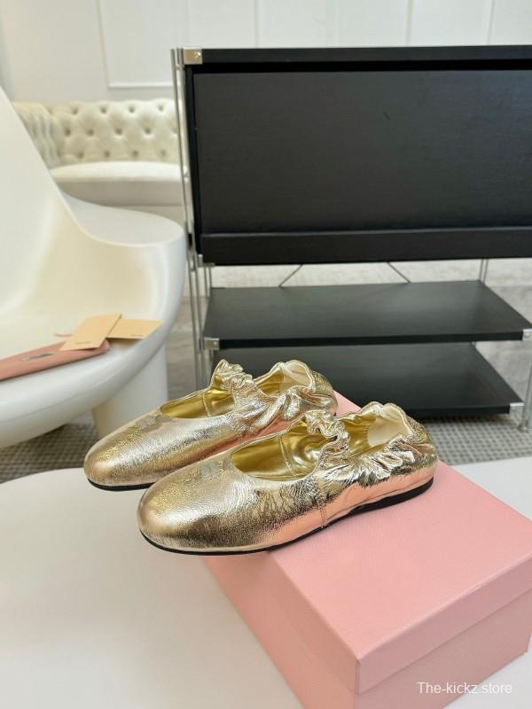 2025 Women Miu Miu Gold Leather Ballet Flats