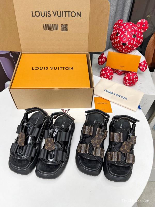 2025 Women Louis Vuitton Black Brown Canvas Leather Sandals LY00310