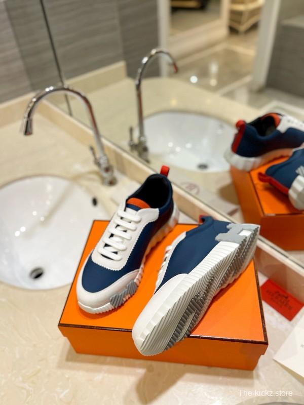 2024 Unisex Hermès Blue White Orange Imported Silk Lambskin Nubuck Sneakers MJ00320