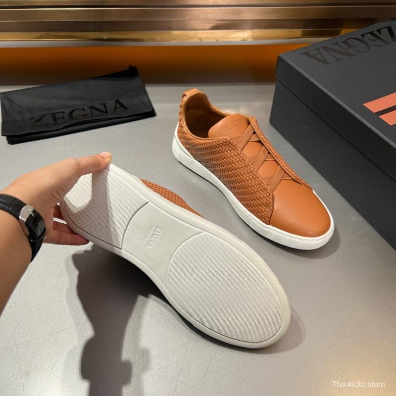 2024 Men Ermenegildo Zegna Brown Leather Woven Sneakers