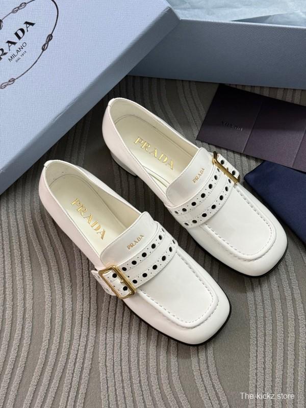 2025 Women Prada White Leather Loafers KFY00320