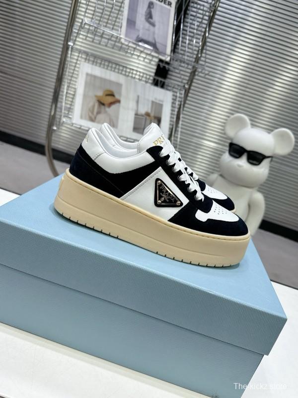 2025 Women Prada Black White Leather Suede Sneakers Downtown Bold KFY00310
