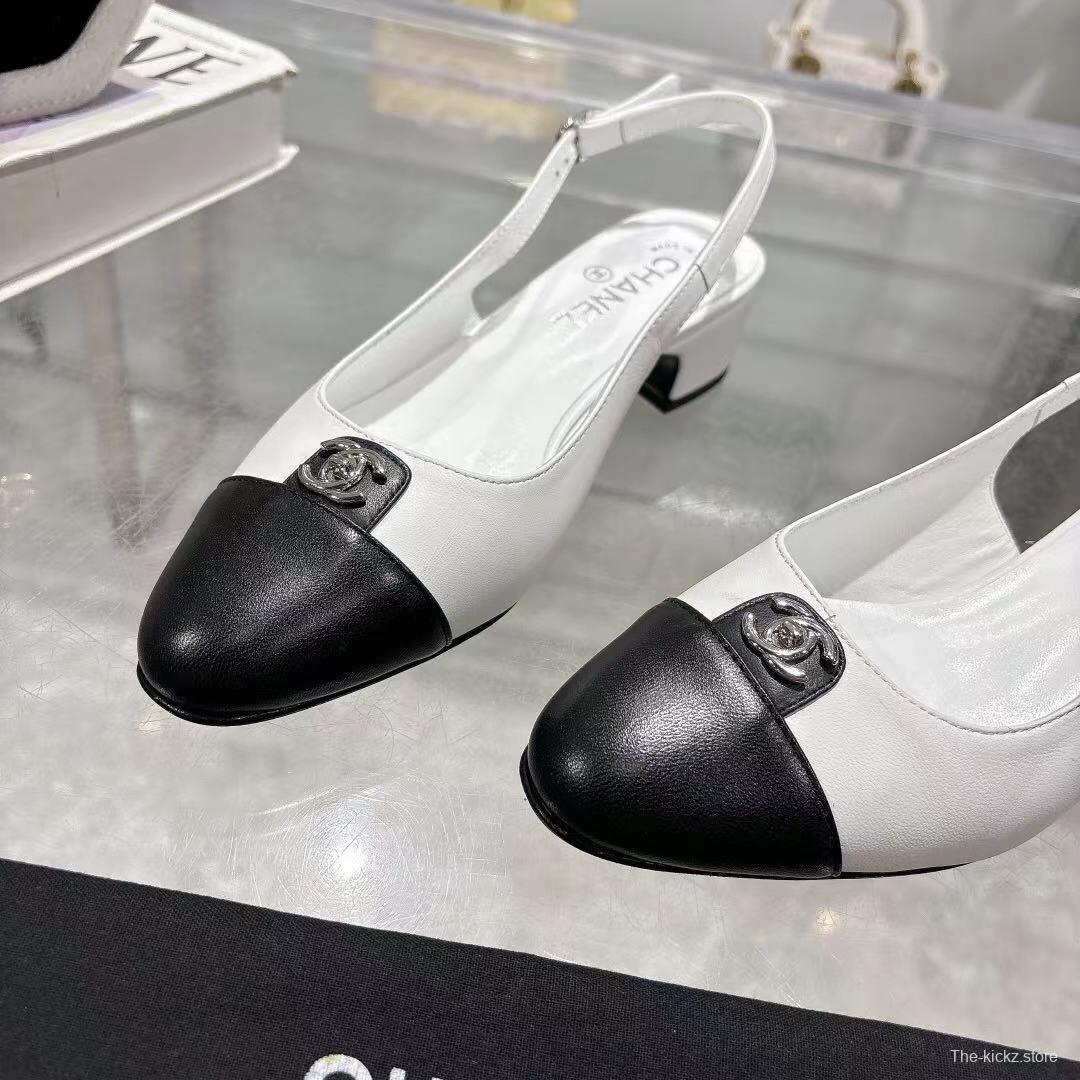 2025 Women Chanel White Black Leather Slingback Heels LY00300