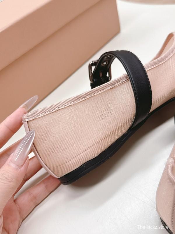 2025 Women Miu Miu Pink Black Fabric Leather Ballet Flats