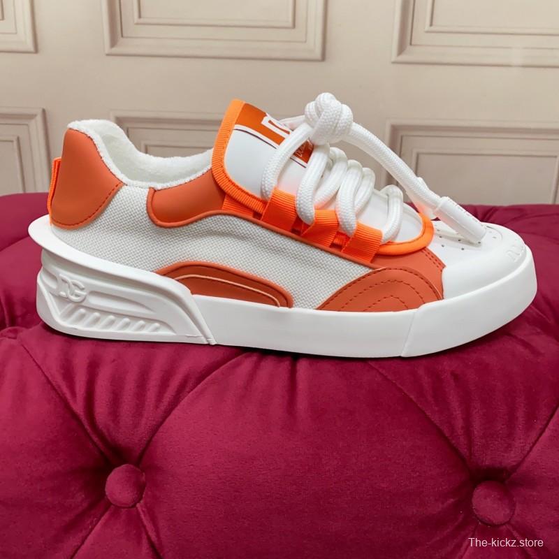 2025 Unisex Dolce & Gabbana Orange White Mesh Leather Sneakers
