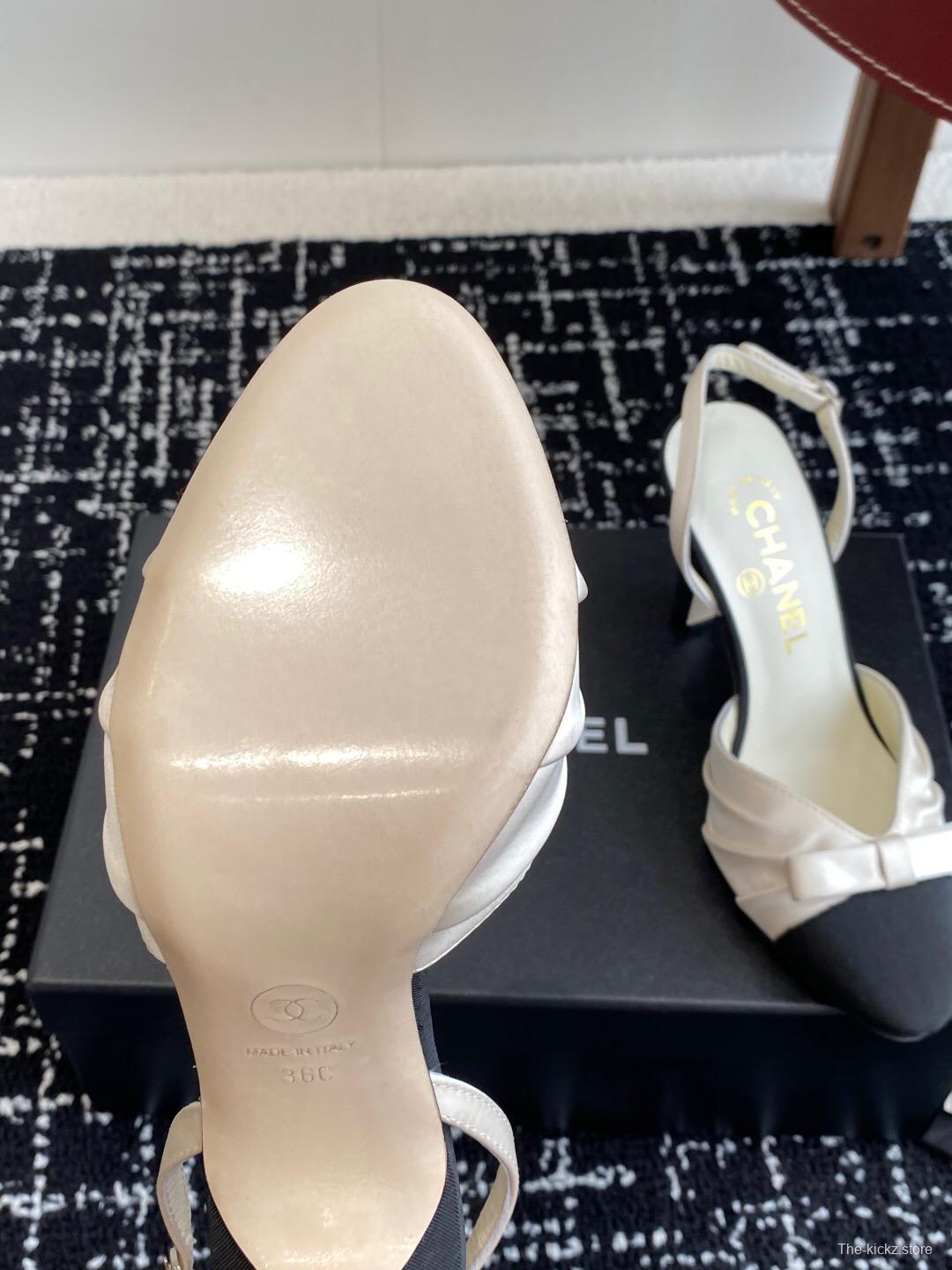 2025 Women Chanel Black White Satin Leather Slingback Heels