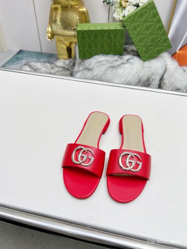 2025 Gucci Red Leather Slippers GG Ornament MJ00190