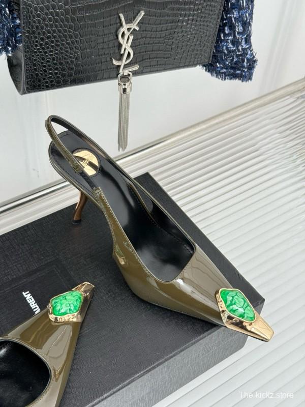 2024 Women Yves Saint Laurent Olive Green Gold Calf Leather Slingback Gemstone High Heels MJ00330