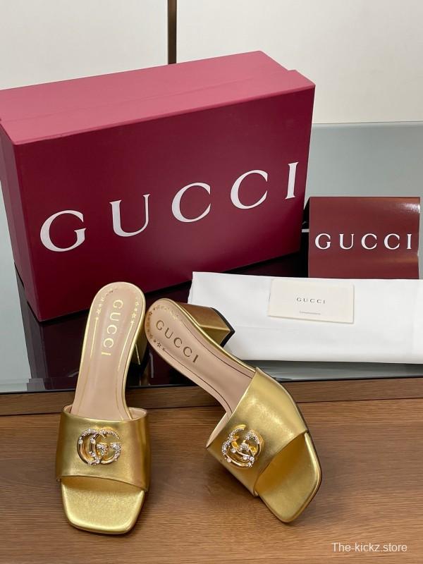 2025 Women Gucci Gold Leather Mules Block Heel