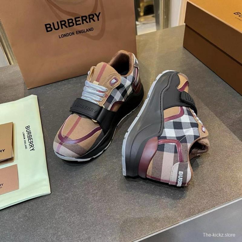 2025 Unisex Burberry Beige Black White Cotton Calfskin Suede Sneakers Vintage Pattern MJ00360(F)