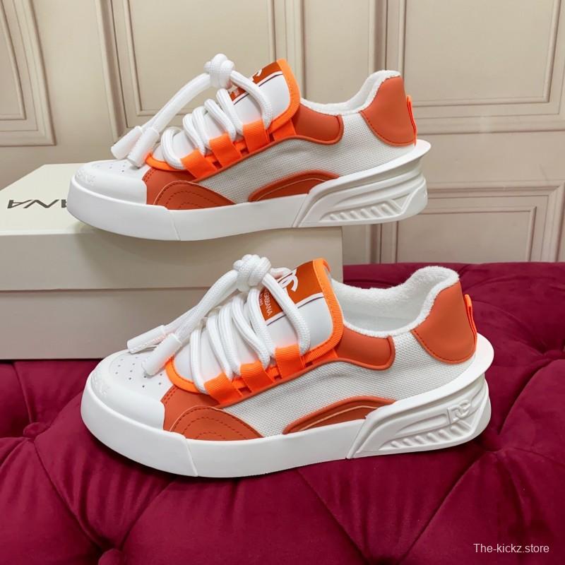 2025 Unisex Dolce & Gabbana Orange White Mesh Leather Sneakers