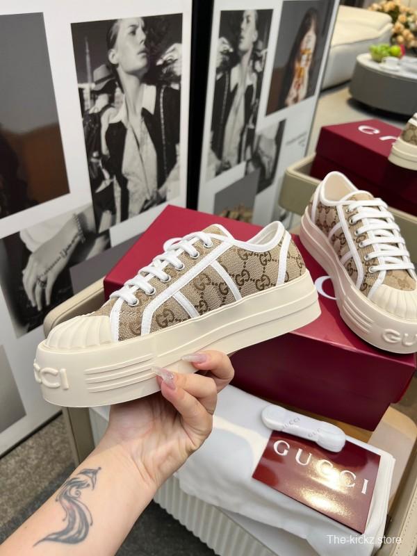 2025 Women Gucci Beige Brown Canvas Platform Sneakers Non-heritage Layered Stitching LY00270