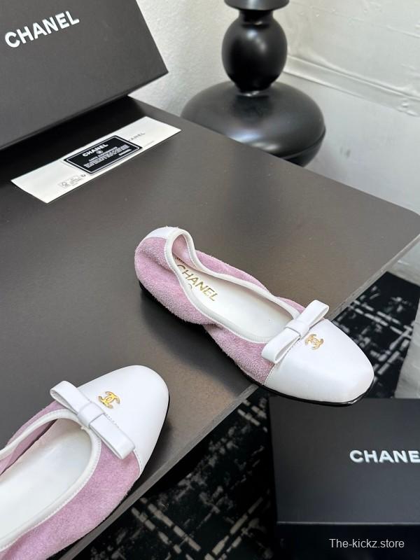 2025 Women CHANEL White Purple Leather Bow Ballet Flats Unisex LY00360(F)